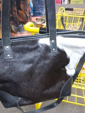Black and White Cowhide Tote with Leather Trim